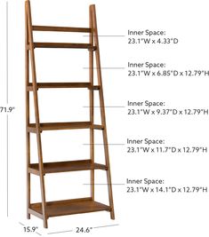 a tall wooden shelf with measurements for the top and bottom shelves on each side, along with