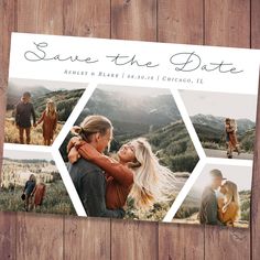 save the date postcard with three photos on it, and an image of two people hugging