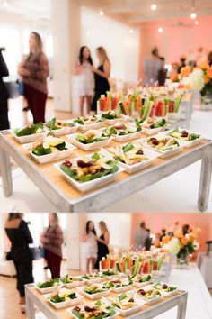 two trays filled with different types of food sitting on top of a wooden table