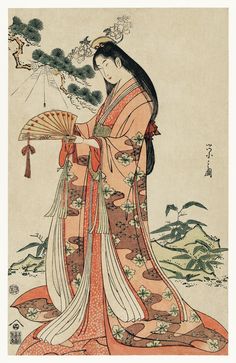 Sotoori Hime by Eishi Hosoda (1756-1829), a traditional Japanese Ukyio-e style illustration of a traditional Japanese princess, Sotoori princess catching a spider with a fan. Original from Library of Congress. Digitally enhanced by rawpixel. | free image by rawpixel.com Wood Drawing, Kimono Art, Japanese Princess, Japanese Art Styles, Calming Bedroom, Geisha Art, Japanese Drawings