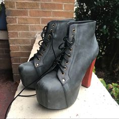 Only Been Worn To Try Them On. Too Small, Like New. Gray Leather Heels With Round Toe, Gray Leather Heels With Medium Width, Gray Leather Heels Medium Width, Jeffrey Campbell Lita, Jeffrey Campbell Shoes, Jeffrey Campbell, Boots Booties, Black Gray, Bootie Boots