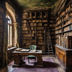 an old library with bookshelves, ladder and chair in the middle of it