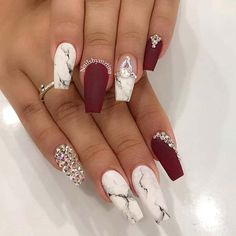 Burgundy Marble, Diamond Nail Designs, Marble Nail, Classy Nail Designs, Marble Nail Art, Nails Design With Rhinestones, Studded Nails, Her Nails