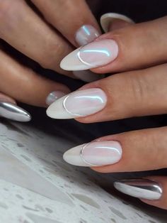 Silver Acrylic Nails, White Almond Nails, White Chrome Nails, Engagement Nails, Silver Nail Designs, White And Silver Nails, Chrome Nails Designs, Pearl Nails