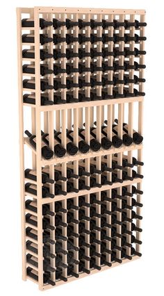 a wooden wine rack filled with lots of bottles