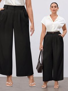 Plus Size Women's Solid Color Pleated Loose Fit Wide Leg Straight Pants For Casual And Commuter Wear Black Elegant   Woven Fabric Plain Straight Leg Non-Stretch  Women Plus Clothing, size features are:Bust: ,Length: ,Sleeve Length: Elegant Curvy Outfit, Elegant Outfit Plus Size, Plus Size Pants Outfits Dressy, Professional Outfits Women Plus Size, Summer Office Attire Women, Wide Leg Black Pants Outfit, Office Trousers Women, Womens Dressy Pants, Elegant Plus Size Outfits