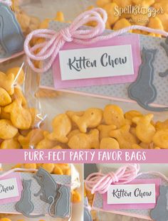 two pictures show the different flavors of dog treats in plastic bags with pink and gray tags on them