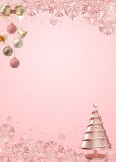 a pink christmas card with ornaments hanging from it