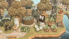 an animated image of a farm with lots of animals and plants on the land next to water