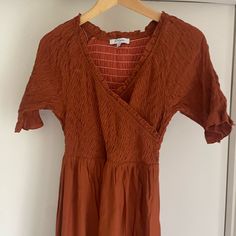 Super Cute Never Worn Rust Maternity Dress, Brown Fitted Dress With Surplice Neckline, Brown Short Sleeve Midi Dress For Date Night, Short Sleeve Ruched Midi Dress In Rayon, Brown Pleated V-neck Dress, Red Ruched Dress For Daywear, Brown Rayon Spring Dress, Ruched Short Sleeve Sundress Maxi Dress, Ruched Short Sleeve Sundress Maxi