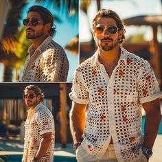 - This short-sleeve crochet shirt for men showcases a stylish openwork pattern with beige and brown accents. - Hand-crafted with attention to detail, each piece is a unique addition to a summer wardrobe. - Perfect for beach outings or casual summer gatherings, this shirt exudes a bohemian charm. - Made with a commitment to quality, this shirt is designed to closely match the product image with a 95% accuracy. SIZES and MEASUREMENTS - If you are unsure, please choose your regular size and give us Short Sleeve Crochet Shirt For Summer, Casual Crochet Short Sleeve Shirt, Crochet Short Sleeve Tops For Vacation, Summer Crochet Short Sleeve Shirt, Handmade Short Sleeve Tops For Summer, Handmade White Short Sleeve Tops, Mens Crochet Shirt, Knit Top Summer, Shirt Crochet