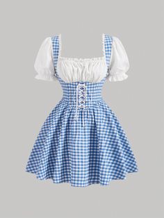 Azul y blanco Casual Collar manga corta Tela tricotada Guingán A línea Embellished No-Elástico Outfits Azul, Dorthy Costume, Dorothy Halloween Costume, All Blue Outfit, Dorothy Dress, Dorothy Costume, Blue Gingham Dress, Blue And, Mod Vintage