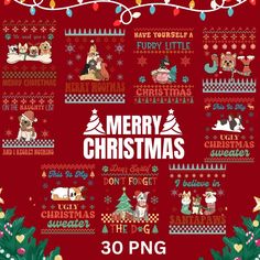 a christmas poster with dogs and presents on it, including the words merry christmas written in white