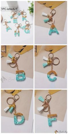 four pictures of different key chains with letters and charms attached to each one, including the letter g