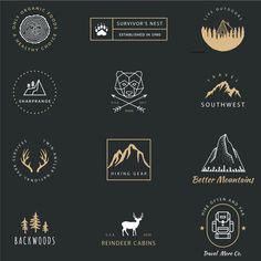 various logos and badges for camping in the wilderness, including mountains, trees, deer, camp