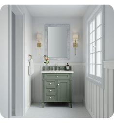 a bathroom with a green vanity and white walls