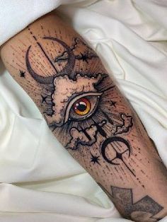 a person with a tattoo on their leg has an eye in the sky and stars