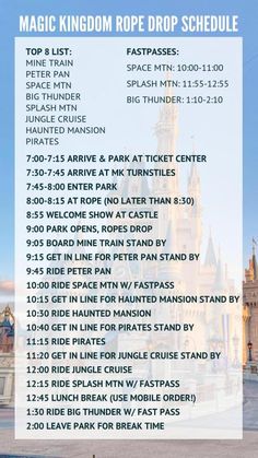 the magic kingdom rope drop schedule is shown in this graphic above it's description