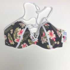 Floral Victoria Secret Pink Brand Bikini Top. New With Tags Black Strappy Swimwear For Spring, Spring Black Strappy Swimwear, Black Underwire Swimwear For Spring, Pink Swimsuit Bikinis, Victoria's Secret Tie-side Bottom Swimwear For Vacation, Victoria's Secret Pink Floral Print Bra, Victoria's Secret Bra-friendly Swimwear For Summer, Victoria's Secret Floral Print Beachwear, Pink Swim