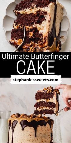 the ultimate chocolate butterfingering cake is ready to be cut into pieces and served