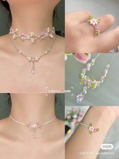 four pictures of different necklaces and bracelets with flowers on the bottom, in various colors