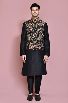 Black nehru jacket featuring multi color leaf and floral motif resham thread embroidery. Paired with a solid kurta and pyjama. - Aza Fashions Fall Festive Nehru Jacket, Festive Kurta With Stand Collar For Fall, Festive Fall Kurta With Stand Collar, Festive Nehru Jacket With Stand Collar For Fall, Pajama Pattern, Nehru Jackets, Embroidered Silk, Raw Silk, Full Sleeve