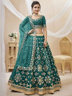 Teal Green Zari Work Art Silk Lehenga Choli Green Lehenga Choli, Lehenga Choli Designs, Bridesmaid Lehenga, Party Wear Lehenga Choli, Green Lehenga, Blue Lehenga, Lehenga Online, Choli Designs, Net Lehenga