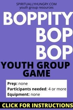 the youth group game is being played in front of a purple background with black and white lettering