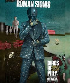 the poster for birds of prey shows a man in a blue suit with his hands on his face