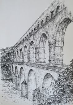 a drawing of an old stone bridge