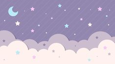 the night sky with stars and clouds in pastel colors on a dark purple background