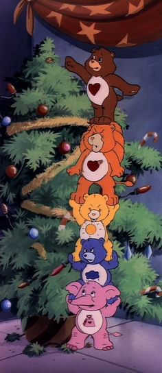 there are many cartoon bears standing in front of a christmas tree