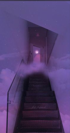 stairs leading up to the top of a building with fog in the air and stars above