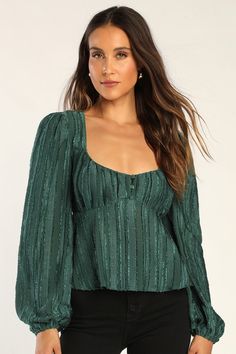 Earn yourself a top spot on the nice (and nicely dressed!) list this year by pairing your sweetheart attitude with the Lulus Spread the Cheer Emerald Textured Square Neck Long Sleeve Top! Lightweight woven fabric, with embossed texture stripes throughout, shapes a square neckline and a gathered bodice with a trio of covered buttons. Empire waist tops the swingy peplum-inspired hem. Long sleeves have lightly gathered shoulders and elastic cuffs. Hidden side zipper. Fit: This garment fits true to Square Neck Long Sleeve Top, Blue Lace Blouse, Sleeveless Turtleneck Top, Tie Neck Shirt, Empire Waist Tops, Square Neck Long Sleeve, Gathered Bodice, Ribbed Knit Bodysuit, Lulu Fashion