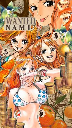 an image of three women in bikinis surrounded by stacks of coins and oranges