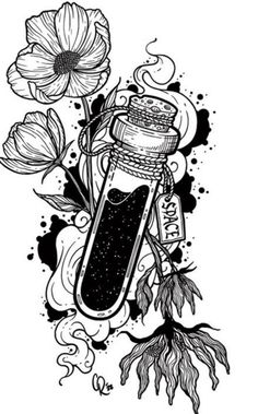 an ink drawing of a bottle with flowers on it and the words love is in the air