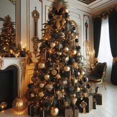 a christmas tree is decorated with gold and black ornaments in an elegant living room setting