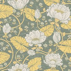 a blue and yellow floral wallpaper with white flowers on the bottom half of it