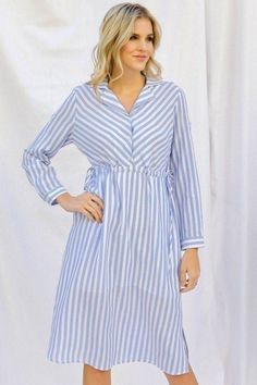 Imported S.M.L STRIPE PRINT CINCHED WAIST LONG SLEEVE SHIRT MIDI DRESS 100_otton Light Blue DAV Stri Date Night Tops, Casual Everyday Dresses, Ruffle Fashion, Mini Dress Spring, Cotton Stripe Dresses, Shirt Midi Dress, Casual Mini Dress, Eva Dress, Night Tops