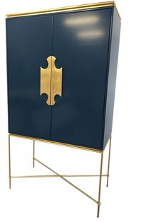 a blue cabinet with gold accents on the top and bottom, against a white background