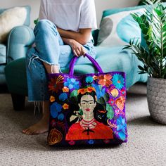 These beautifully Embroidered Tote Bags are not only a great statement piece, but a practical every day bag. Each bag is fully lined with an inside zippered pocket and padded shoulder straps. The bags measure 18" W x 14" H and comes in assorted colors and designs of Frida Khalo. Design is on the front side only. Email us at customerservice@luciasimports.com if you have any color preferences. Each purchase empowers Guatemalan artisans. 50th Clothing, Pine Needle Baskets, Stationary Gifts, Embroidered Tote Bag, Embroidered Tote, Cat Tote, Quilling Cards, Day Bag, Louis Vuitton Speedy Bag