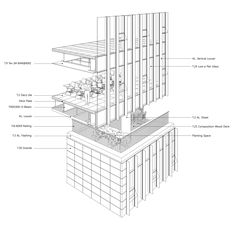 an architectural drawing of the side of a building with all its components labeled in black and white