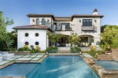 a large house with a pool in front of it