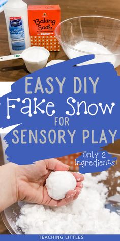 someone is making fake snow with their hands and the words, easy diy fake snow for