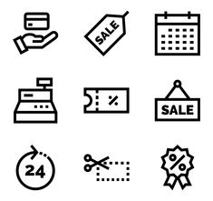 black and white icons on a white background for sale signs, calendars, price tags