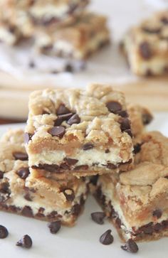 chocolate chip cookie bars stacked on top of each other