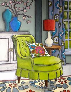 a painting of a green chair in a living room