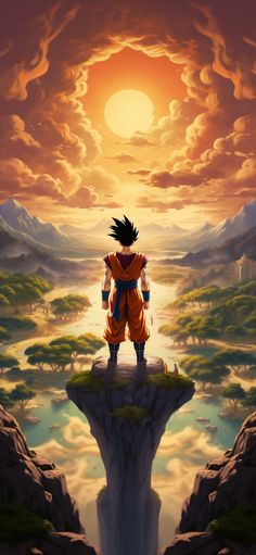 the dragon ball character stands on top of a cliff in front of a beautiful sunset