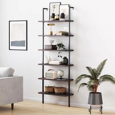 a living room with white walls and wooden flooring, shelves filled with various items