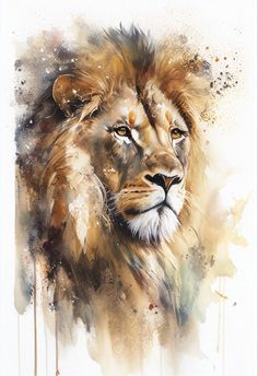 a painting of a lion's face with watercolors on it and the background is white